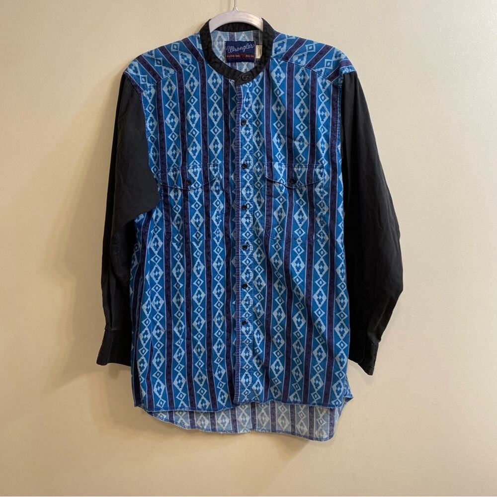 Wrangler Vintage 90s LS Shirt Blue Purple Aztec Print Button Down Men Sz 16.5-34